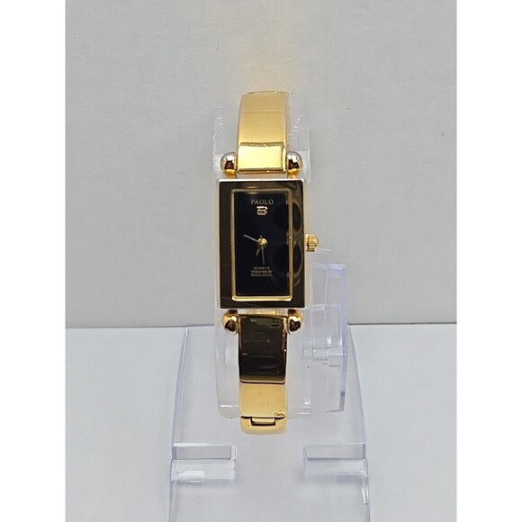 Womens Vintage Paolo Gucci Tank Watch Black Dial Gold Tone Bangle New Battery - Picture 1 of 10